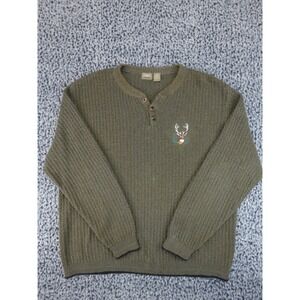 Haggar Generations Henley Sweater Mens Large Green Deer Embroidery Cotton Blend